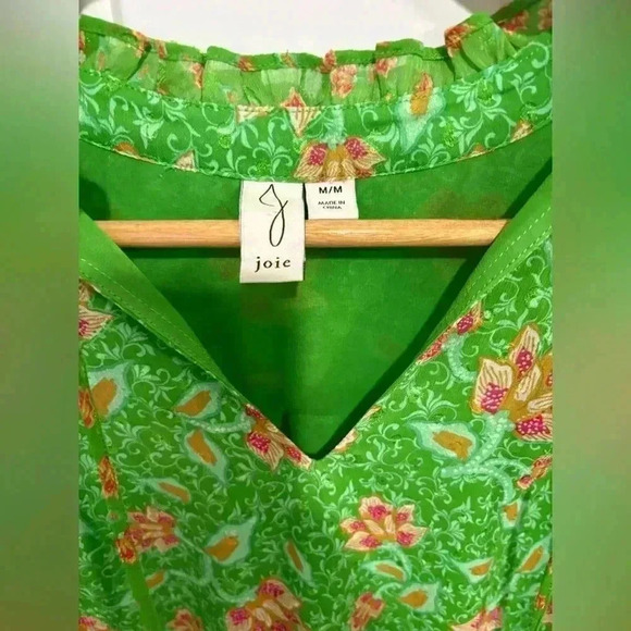 Joie green flowy blouse flower detail lined size medium sheer puff sleeve shirt - Picture 2 of 7